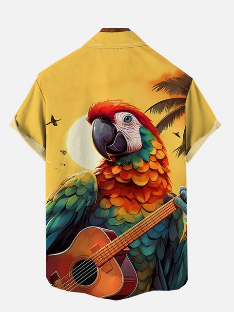 Hawaiian Fun Cartoon Parrot Playing Guitar Printing Short Sleeve Shirt