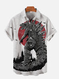 Vintage Ukiyo-E Japan Style Domineering Godzilla Printing Short Sleeve Shirt