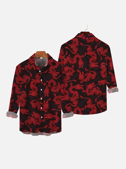 Black And Red Ethnic Style House Of Dragon Totem Pattern Printing Breast Pocket Long Sleeve Shirt