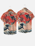Ukiyo-E Koi Carp And Red Sun With Waves Printing Short Sleeve Shirt