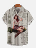 Vintage Pin Up Girl Poster Rocket Blueprint And Missile Girl Printing Short Sleeve Shirt