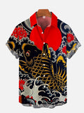 Ukiyoe Black Gold Carp And Red Sun Printing Short Sleeve Shirt