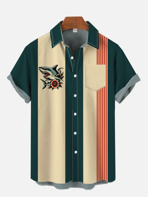 Retro Green And Wheat Stripes And Tattoo Style Shark Pattern Printing Breast Pocket Short Sleeve Shirt