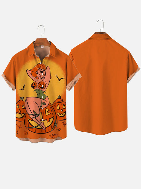 Halloween Jack Pumpkin and Pumpkin Girl Printing Short Sleeve Shirt