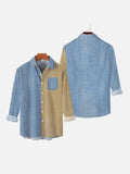 Retro Color Contrast Stitching Pinstripe Printing Breast Pocket Long Sleeve Shirt