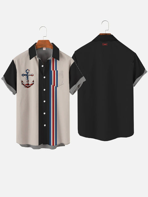 Retro Light Khaki And Black Stripes And American Flag Anchor Printing Breast Pocket Short Sleeve Shirt