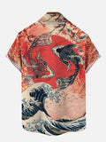 Ukiyo-E Koi Carp And Red Sun With Waves Printing Short Sleeve Shirt
