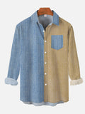 Retro Color Contrast Stitching Pinstripe Printing Breast Pocket Long Sleeve Shirt