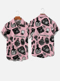 Hawaii Style Pink Halloween Skull Lamp And Magic Book Old School Tattoos Printing Breast Pocket Short Sleeve Shirt
