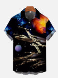 Three Spacecrafts Flying Through The Planets Printing Short Sleeve Shirt