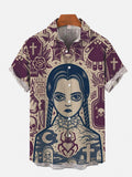 Retro Tattoo Art Girl And Bat Printing Short Sleeve Shirt