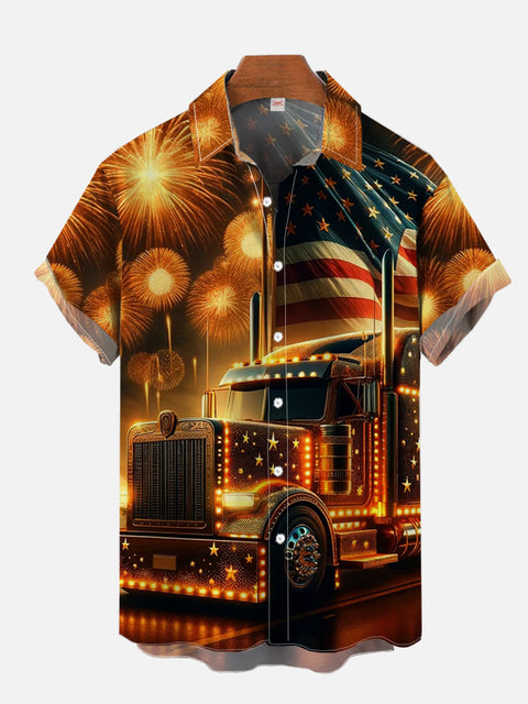Retro Hawaii American Flag And Truck Printing Short Sleeve Shirt