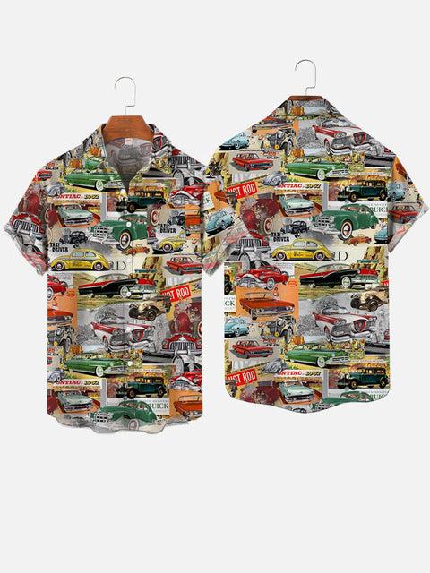 Vintage Classic Car Newspaper Collection Patchwork Printing Short Sleeve Shirt