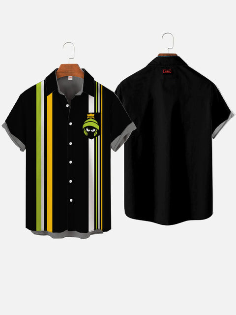 Retro Black And Multicolor Stripes And Cartoon Soldier Breast Pocket Short Sleeve Shirt