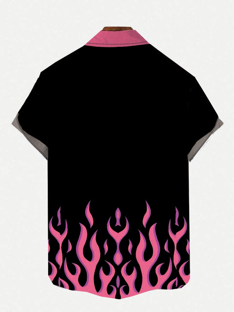 Pink Burning Fire Flame Black Pink Contrasting Color Printing Short Sleeve Shirt
