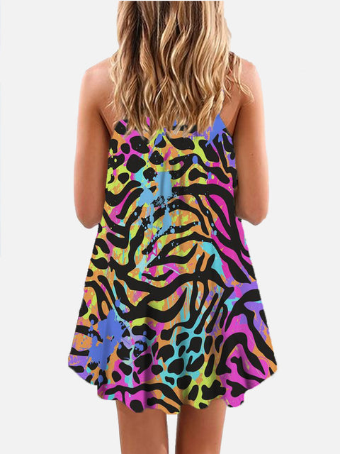 Vintage Summer Neon Animal Print Leopard Tiger Printing Sleeveless Camisole Dress