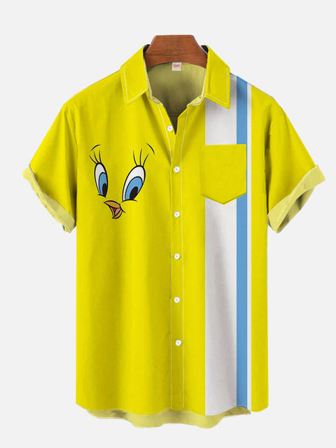 Retro Yellow And White Stripes And Cute Duck Image Printing Breast Pocket Short Sleeve Shirt