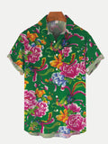 Classic Chinese Elements Flower With Phoenix Hawaii Printing Breast Pocket Short Sleeve Shirt