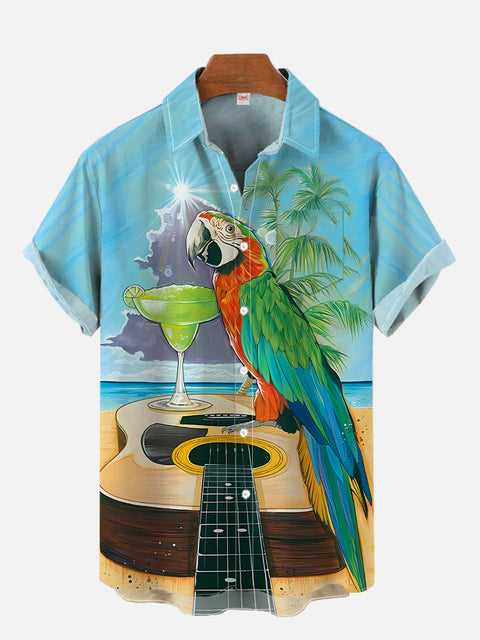 Hawaii Funny Beach Parrot And Guitar Printing Short Sleeve Shirt