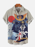 Ukiyo-E Japanese Style Samurai And Space Mystery Mask Printing Short Sleeve Shirt