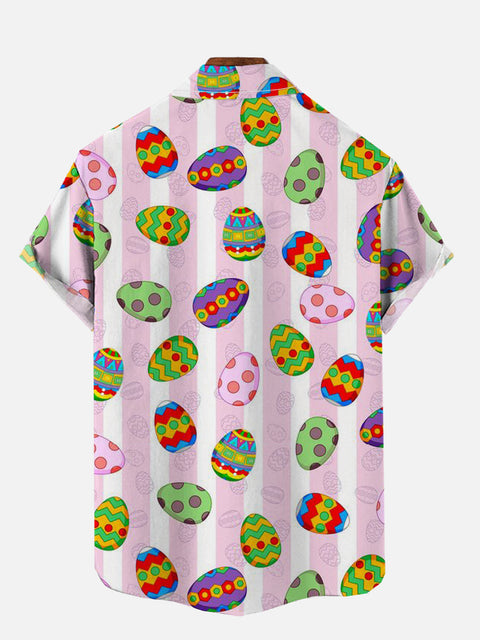 Pink And White Striped Colorful Easter Festive Eggs Printing Short Sleeve Shirt