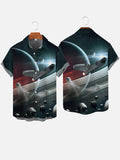 Sci-Fi Gray Space Meteorites And Spaceships Printing Short Sleeve Shirt