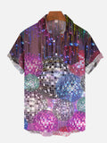Retro Rainbow Disco Sequins Funky Disco Balls Printing Breast Pocket Short Sleeve Shirt