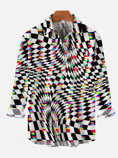 Psychedelic Op Art Abstract Twisted Black And White Plaid Swirls Printing Breast Pocket Long Sleeve Shirt