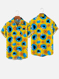 Bright Yellow Cookie Monster And Cookies Cartoon Costumes Printing Breast Pocket Short Sleeve Shirt