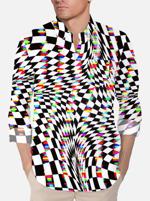 Psychedelic Op Art Abstract Twisted Black And White Plaid Swirls Printing Breast Pocket Long Sleeve Shirt