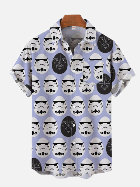 Black And White Doodle Eggs Space War Samurai Printing Breast Pocket Short Sleeve Shirt