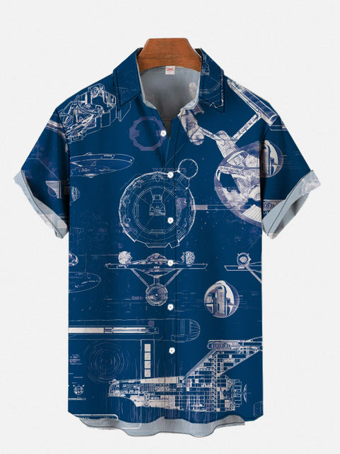 Navy Blue Sci-Fi Interstellar Travel Fleet Spaceship Blueprints Printing Short Sleeve Shirt