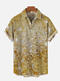 Retro 2D 70s Golden Disco Glitter Printing Breast Pocket Short Sleeve Shirt
