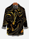 Shiny Black Gold Marble Swirl Pattern Printing Long Sleeve Shirt