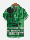 Retro Green Poster Sci-Fi Interstellar Travel Spaceships Printing Breast Pocket Short Sleeve Shirt