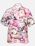 Eye-Catching Pink Stylish Funny Style Unicorn With Rainbow Printing Cuban Collar Hawaiian Short Sleeve Shirt