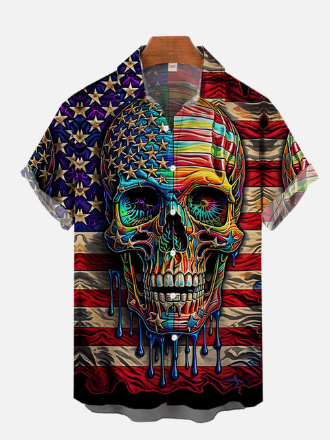 Vintage American Flag And Colorful Paint Skull Printing Short Sleeve Shirt