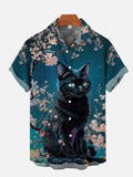 Fantasy Ukiyoe Black Cat And Cherry Blossoms Printing Short Sleeve Shirt