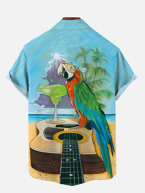 Hawaii Funny Beach Parrot And Guitar Printing Short Sleeve Shirt