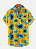 Bright Yellow Cookie Monster And Cookies Cartoon Costumes Printing Breast Pocket Short Sleeve Shirt