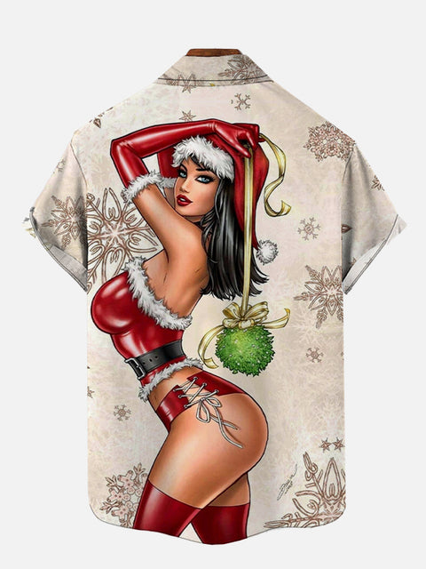 Vintage Pin Up Girl Poster Sexy Christmas Girl And Green Festival Ball Printing Short Sleeve Shirt