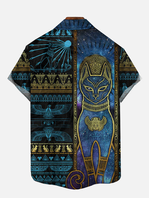 Ethnic Tribal Stripes And Egyptian Cat Painting Printing Short Sleeve Shirt