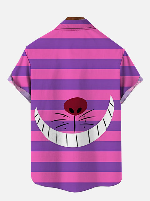 Cartoon Cat Pink Striped Big Mouth Costume Printing Breast Pocket Short Sleeve Shirt