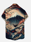 Ukiyo-E Scenery Snow Mountain Top And Flourishing Branches Printing Short Sleeve Shirt