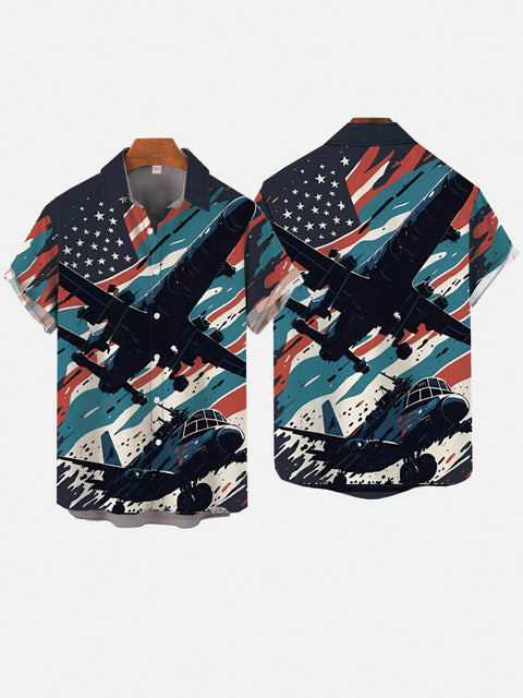 Retro American Flag And Airplane Splash Style Pattern Printing Short Sleeve Shirt