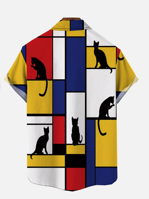 Abstract Mondrian Style Cat In A Window Printing Short Sleeve Shirt