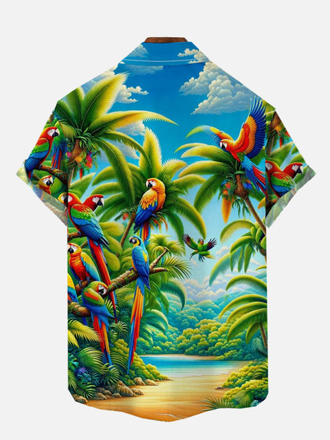 Vintage Hawaiian Tropical Beach Funny Parrot Printing Short Sleeve Shirt