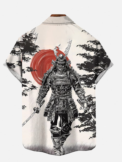 Fantasy Ukiyo-e Japan Style Samurai And Red Sun Printing Short Sleeve Shirt