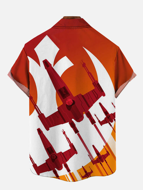 Retro Gradient Orange Poster Sci-Fi Interstellar Travel Spaceships Printing Breast Pocket Short Sleeve Shirt