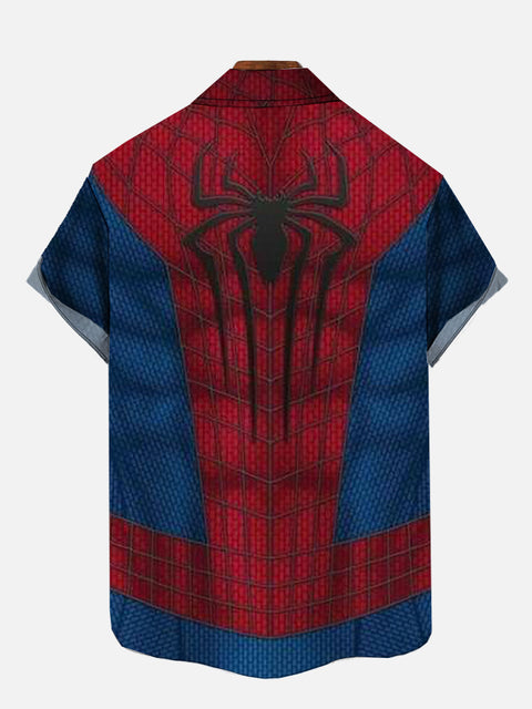 Red And Blue Stitching Spider Web Spider Costume Printing Short Sleeve Shirt